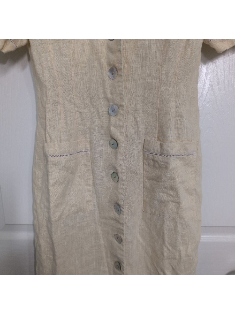 Vintage 100% Linen Midi Shirt Dress Womens Size Medium Yellow Minimalist Cottage - Picture 5 of 14